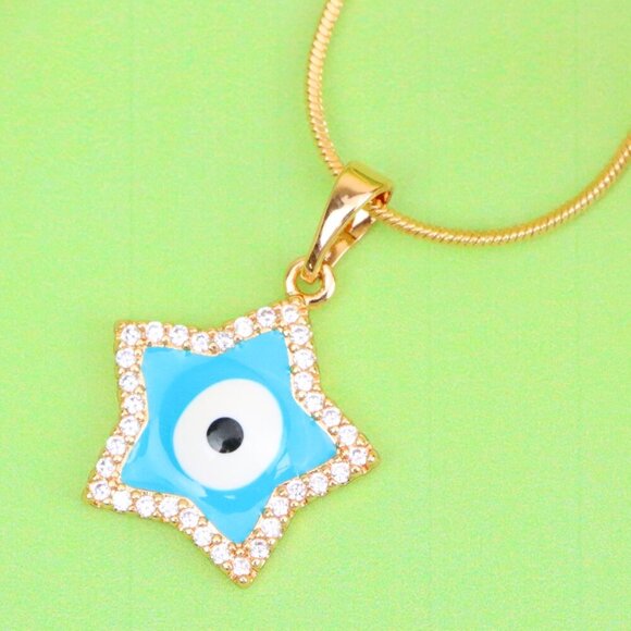 "Star-Shaped Evil Eye Pendant in Rose Gold with Sparkling Stones, XPPT1870 - Picture 1 of 13